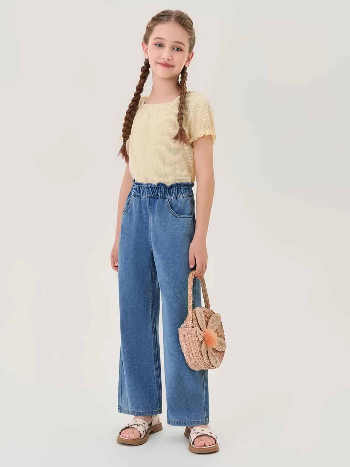 Haloumoning Girls Cute Wide Leg Flared Jeans Kids Oversized Elastic Waist Paper Bag Pants with Pockets 5-14 Years