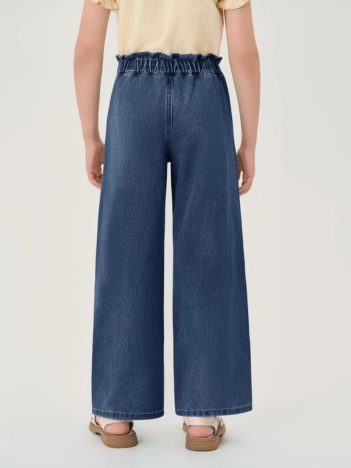 Haloumoning Girls Cute Wide Leg Flared Jeans Kids Oversized Elastic Waist Paper Bag Pants with Pockets 5-14 Years