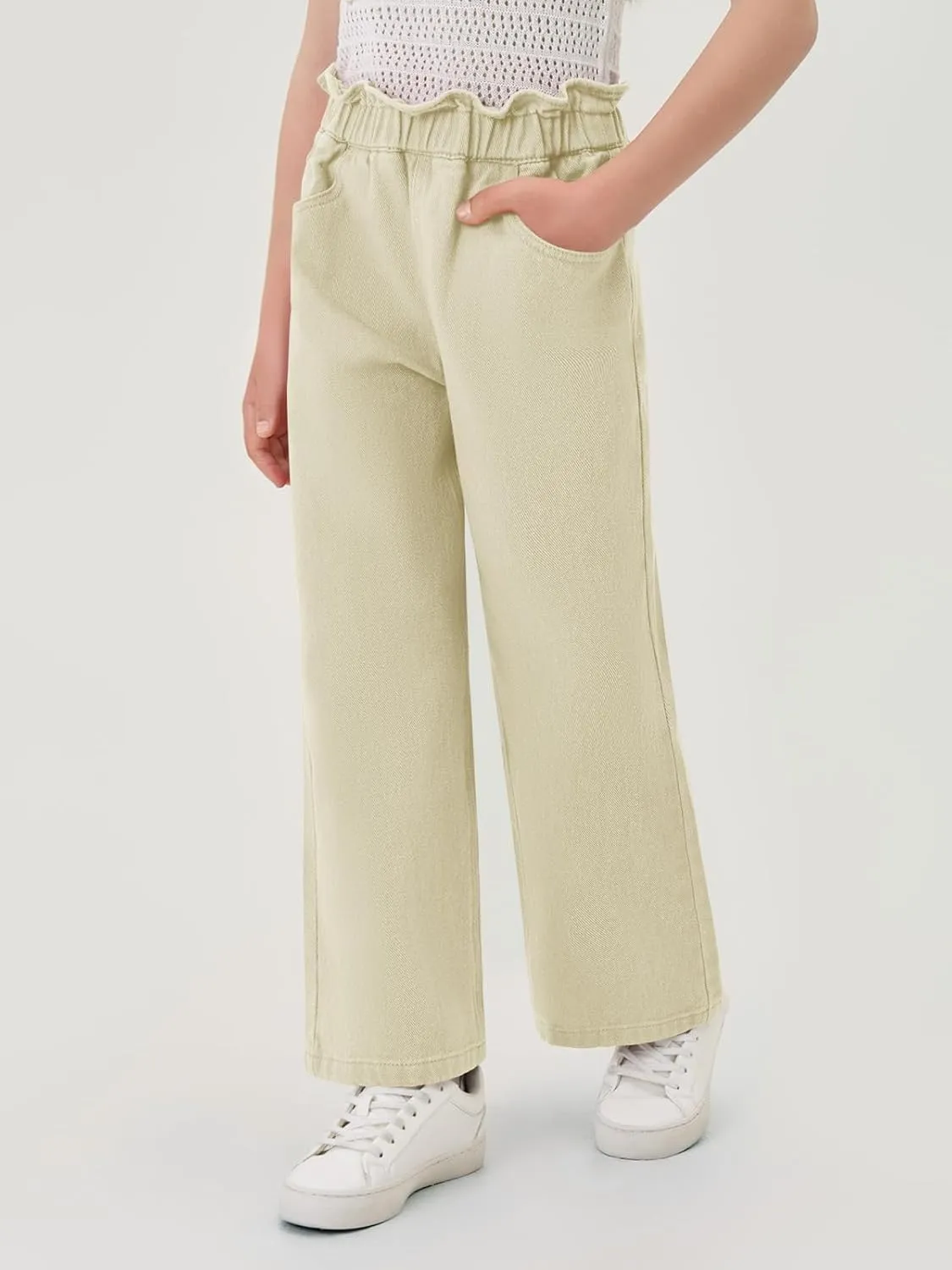 Haloumoning Girls Cute Wide Leg Flared Jeans Kids Oversized Elastic Waist Paper Bag Pants with Pockets 5-14 Years