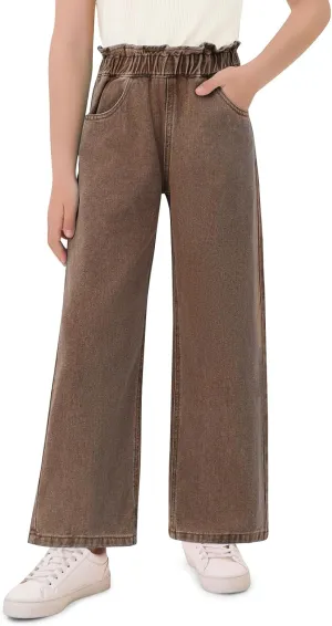 Haloumoning Girls Cute Wide Leg Flared Jeans Kids Oversized Elastic Waist Paper Bag Pants with Pockets 5-14 Years