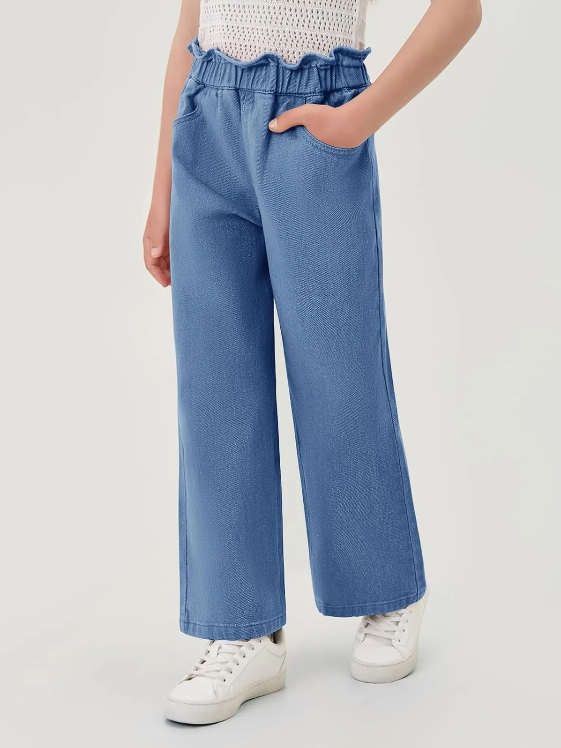 Haloumoning Girls Cute Wide Leg Flared Jeans Kids Oversized Elastic Waist Paper Bag Pants with Pockets 5-14 Years