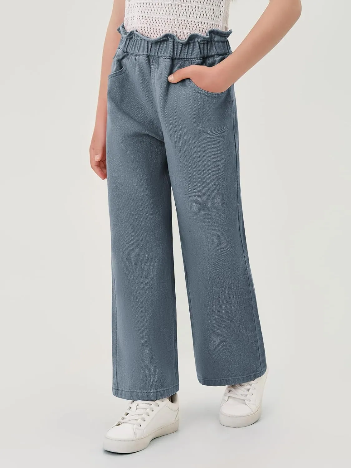 Haloumoning Girls Cute Wide Leg Flared Jeans Kids Oversized Elastic Waist Paper Bag Pants with Pockets 5-14 Years