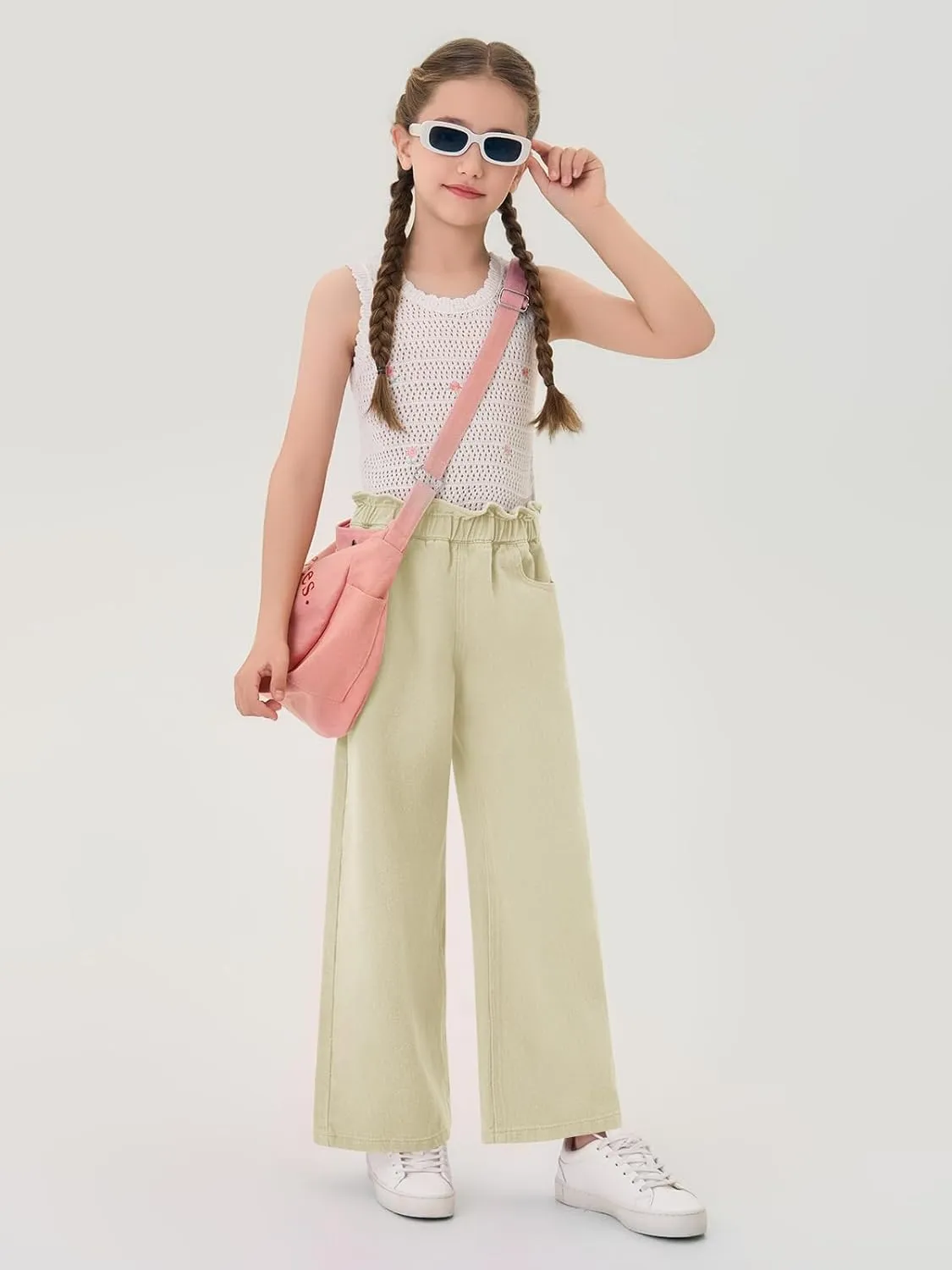 Haloumoning Girls Cute Wide Leg Flared Jeans Kids Oversized Elastic Waist Paper Bag Pants with Pockets 5-14 Years
