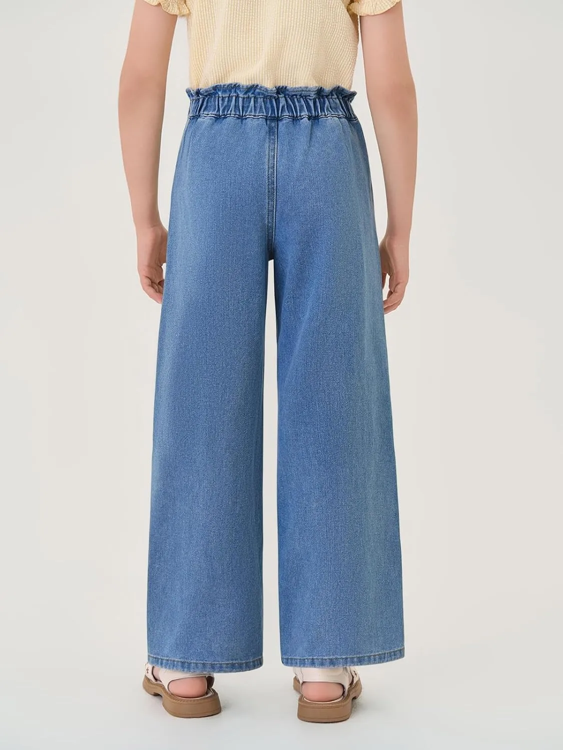 Haloumoning Girls Cute Wide Leg Flared Jeans Kids Oversized Elastic Waist Paper Bag Pants with Pockets 5-14 Years