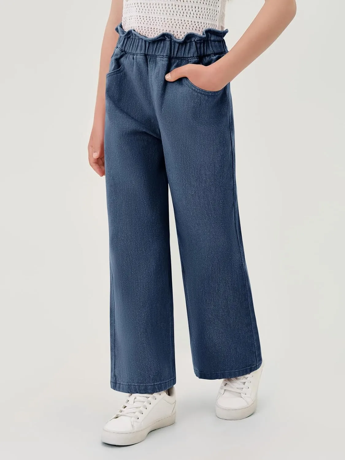 Haloumoning Girls Cute Wide Leg Flared Jeans Kids Oversized Elastic Waist Paper Bag Pants with Pockets 5-14 Years