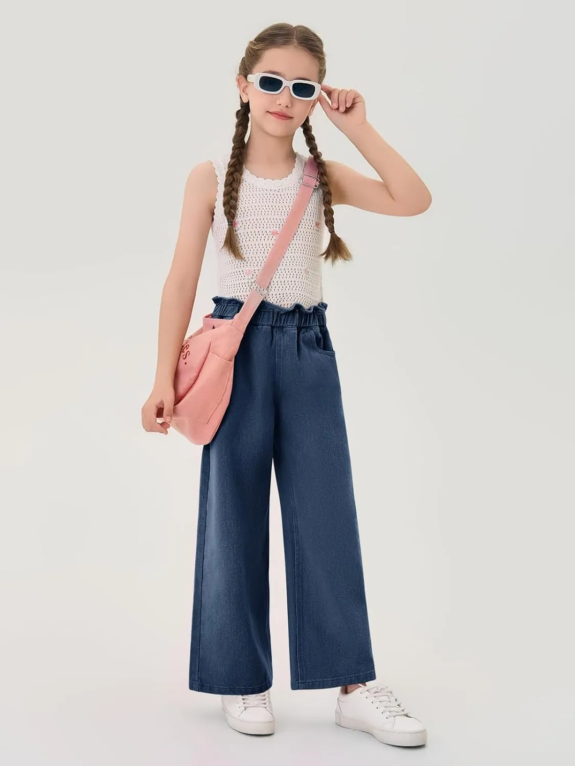 Haloumoning Girls Cute Wide Leg Flared Jeans Kids Oversized Elastic Waist Paper Bag Pants with Pockets 5-14 Years