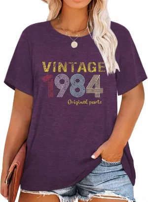 HDLTE Plus Size Vintage 1974 1984 T Shirts for Women Funny 40th 50th Birthday Gifts Shirt Casual Retro Birthday Party Tops
