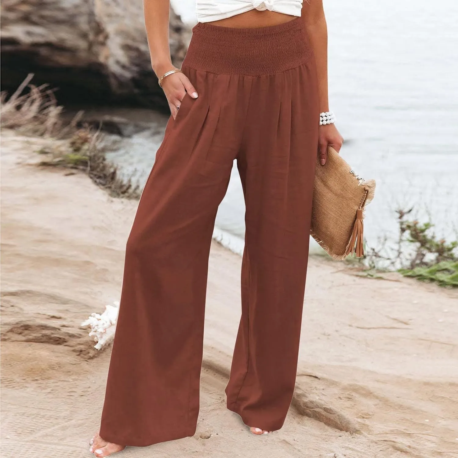 High Waist Cotton Linen Pants for Women 2024 Summer Casual Wide Leg Lounge Trousers Loose Fit Beach Yoga Pants with Pockets