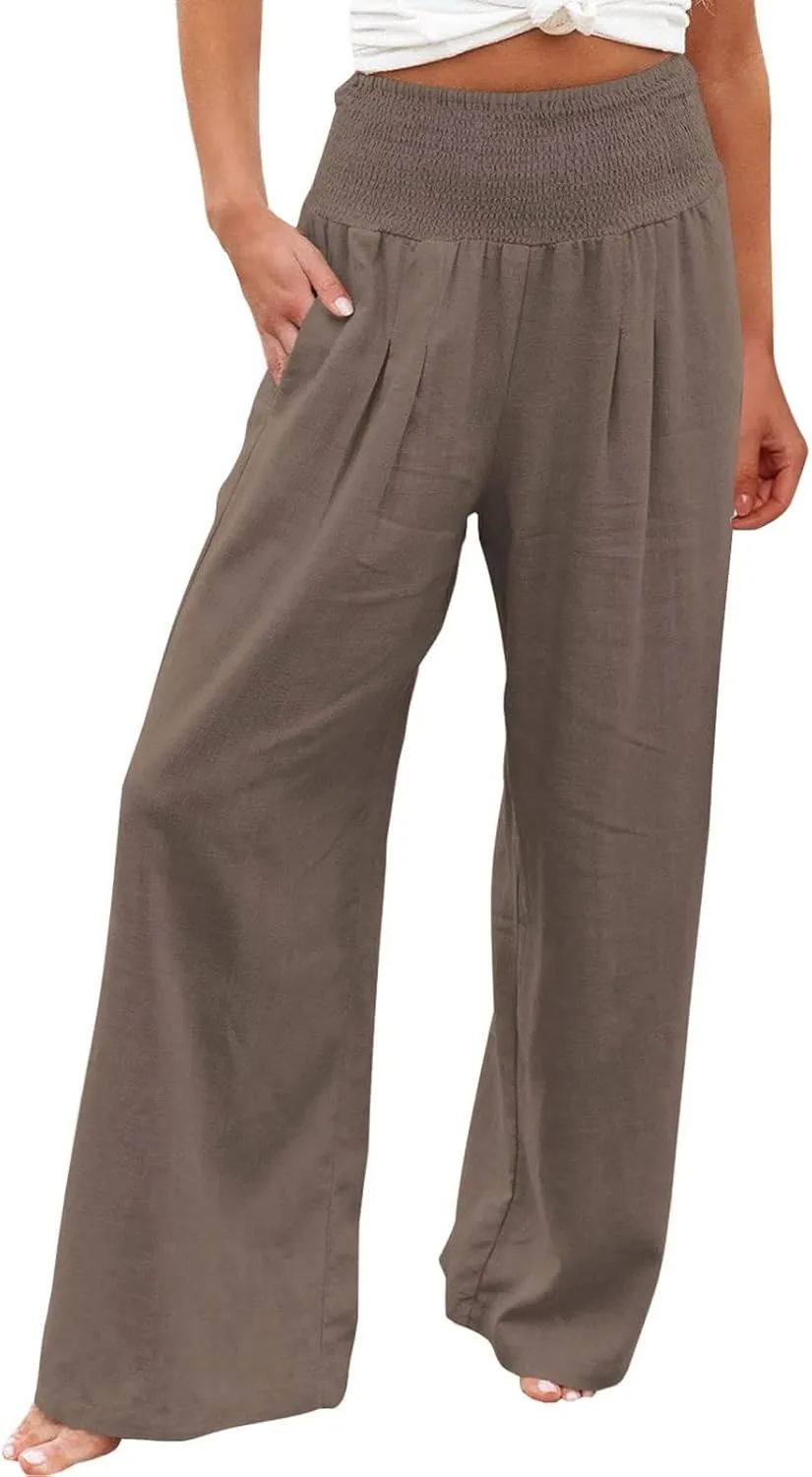High Waist Cotton Linen Pants for Women 2024 Summer Casual Wide Leg Lounge Trousers Loose Fit Beach Yoga Pants with Pockets