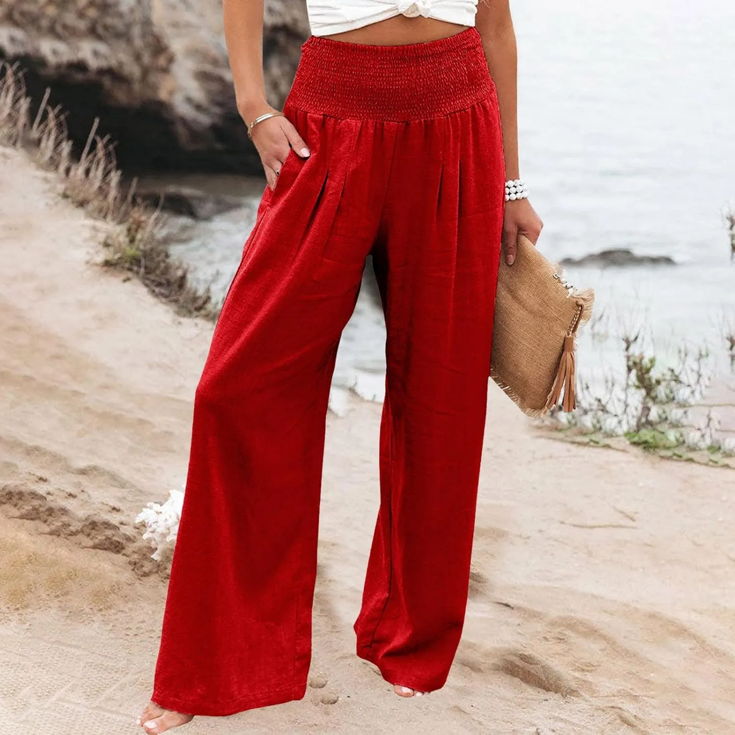 High Waist Cotton Linen Pants for Women 2024 Summer Casual Wide Leg Lounge Trousers Loose Fit Beach Yoga Pants with Pockets