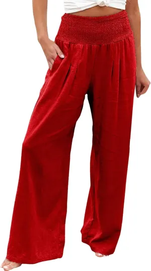 High Waist Cotton Linen Pants for Women 2024 Summer Casual Wide Leg Lounge Trousers Loose Fit Beach Yoga Pants with Pockets