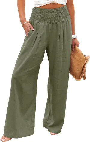High Waist Cotton Linen Pants for Women 2024 Summer Casual Wide Leg Lounge Trousers Loose Fit Beach Yoga Pants with Pockets