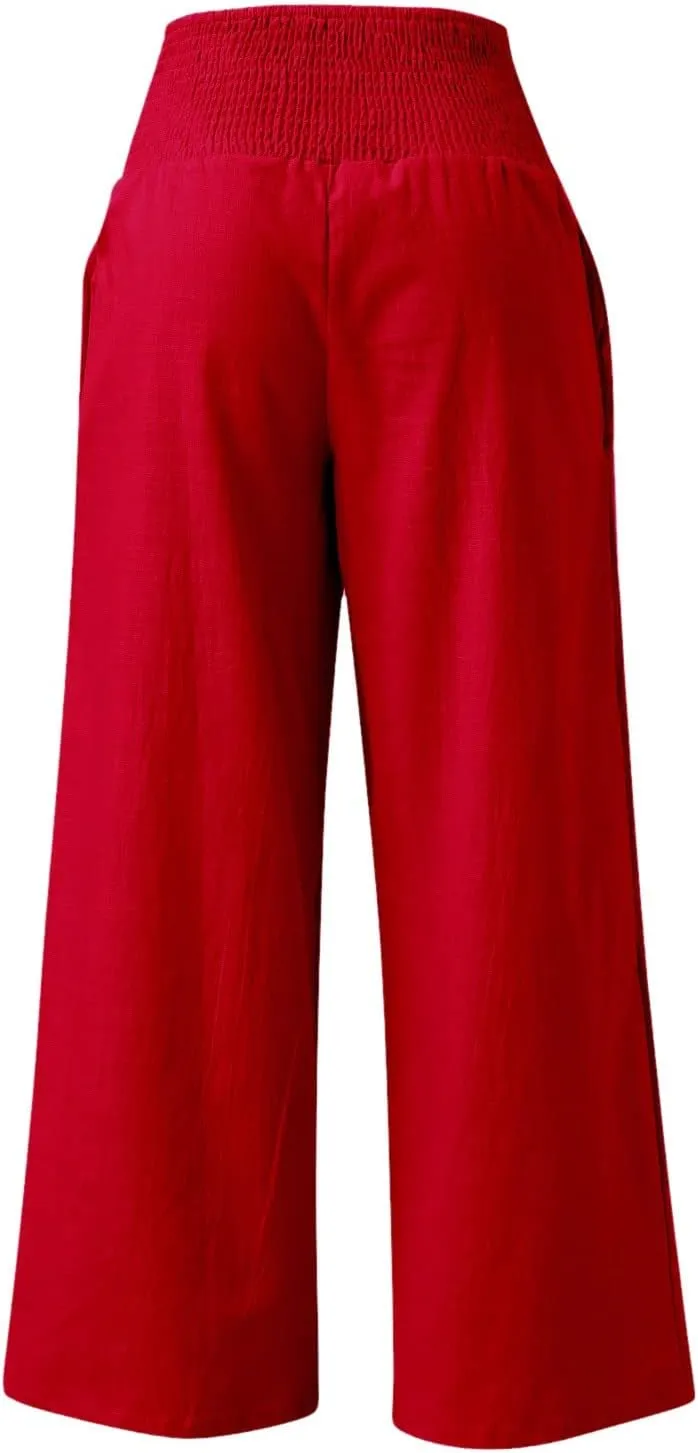 High Waist Cotton Linen Pants for Women 2024 Summer Casual Wide Leg Lounge Trousers Loose Fit Beach Yoga Pants with Pockets