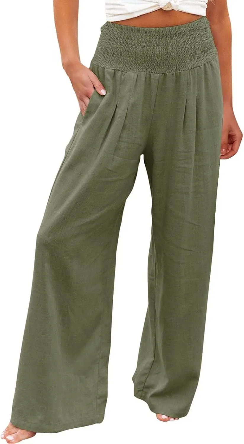 High Waisted Cotton Linen Pants for Women 2024 Summer Wide Leg Lounge Trousers Casual Loose Beach Yoga Pants with Pockets