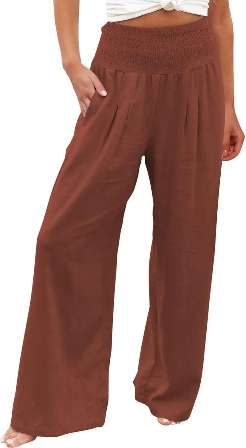 High Waisted Cotton Linen Pants for Women 2024 Summer Wide Leg Lounge Trousers Casual Loose Beach Yoga Pants with Pockets