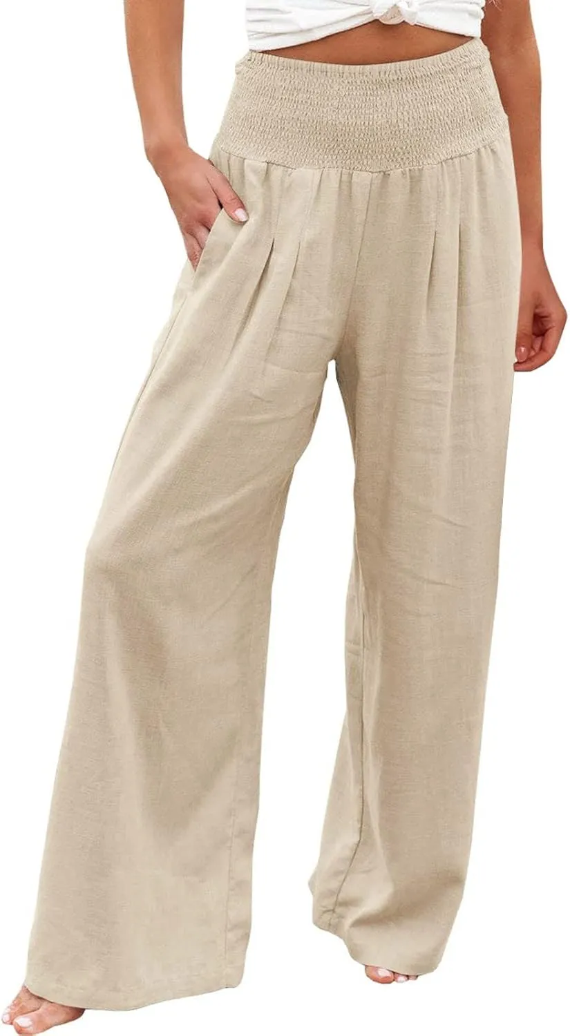 High Waisted Cotton Linen Pants for Women 2024 Summer Wide Leg Lounge Trousers Casual Loose Beach Yoga Pants with Pockets