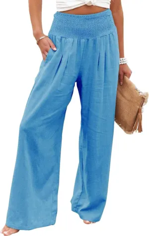 High Waisted Cotton Linen Pants for Women 2024 Summer Wide Leg Lounge Trousers Casual Loose Beach Yoga Pants with Pockets