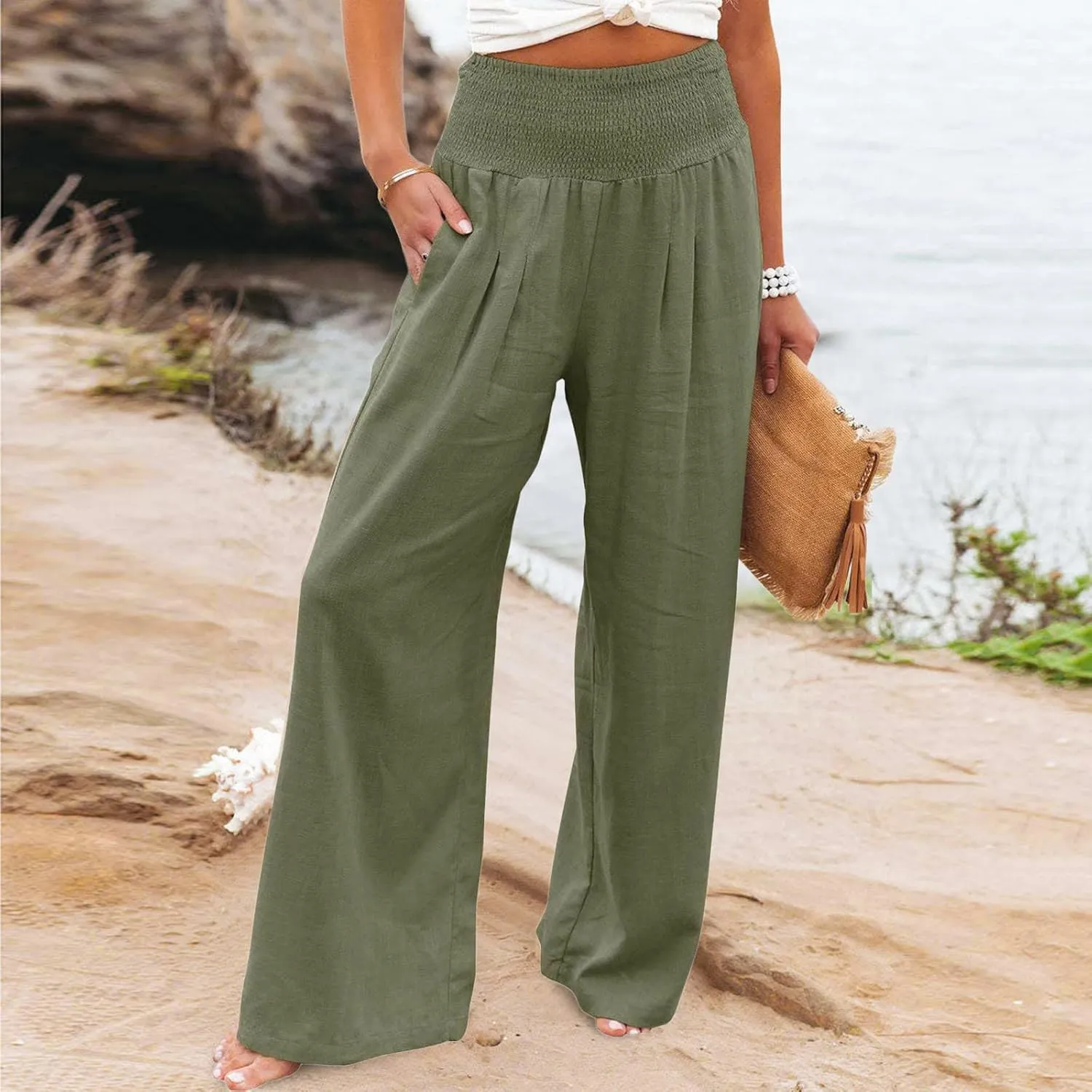 High Waisted Cotton Linen Pants for Women 2024 Summer Wide Leg Lounge Trousers Casual Loose Beach Yoga Pants with Pockets