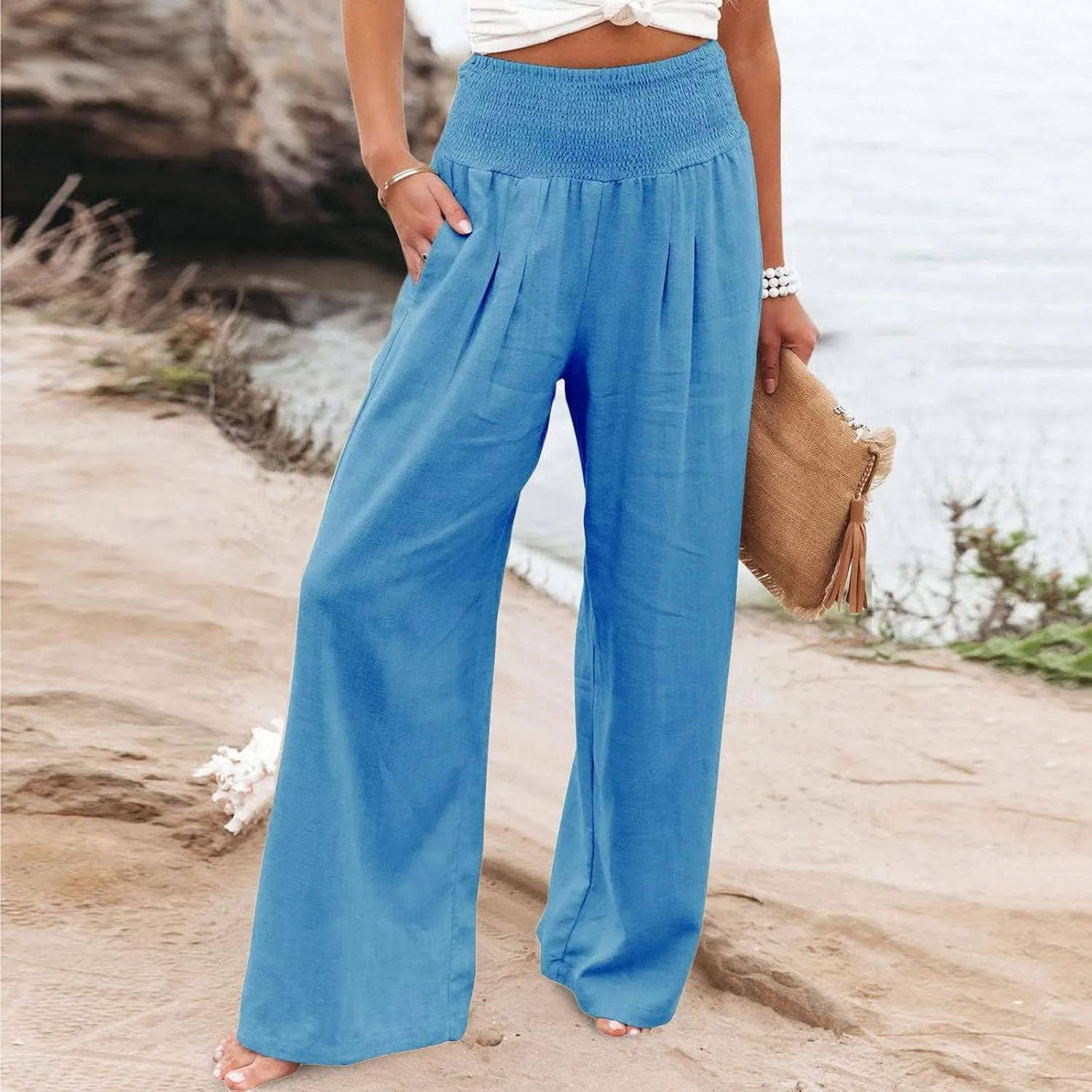 High Waisted Cotton Linen Pants for Women 2024 Summer Wide Leg Lounge Trousers Casual Loose Beach Yoga Pants with Pockets