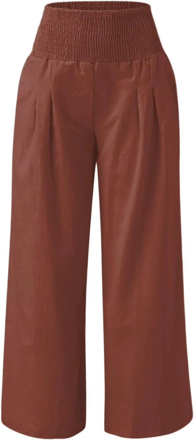 High Waisted Cotton Linen Pants for Women 2024 Summer Wide Leg Lounge Trousers Casual Loose Beach Yoga Pants with Pockets