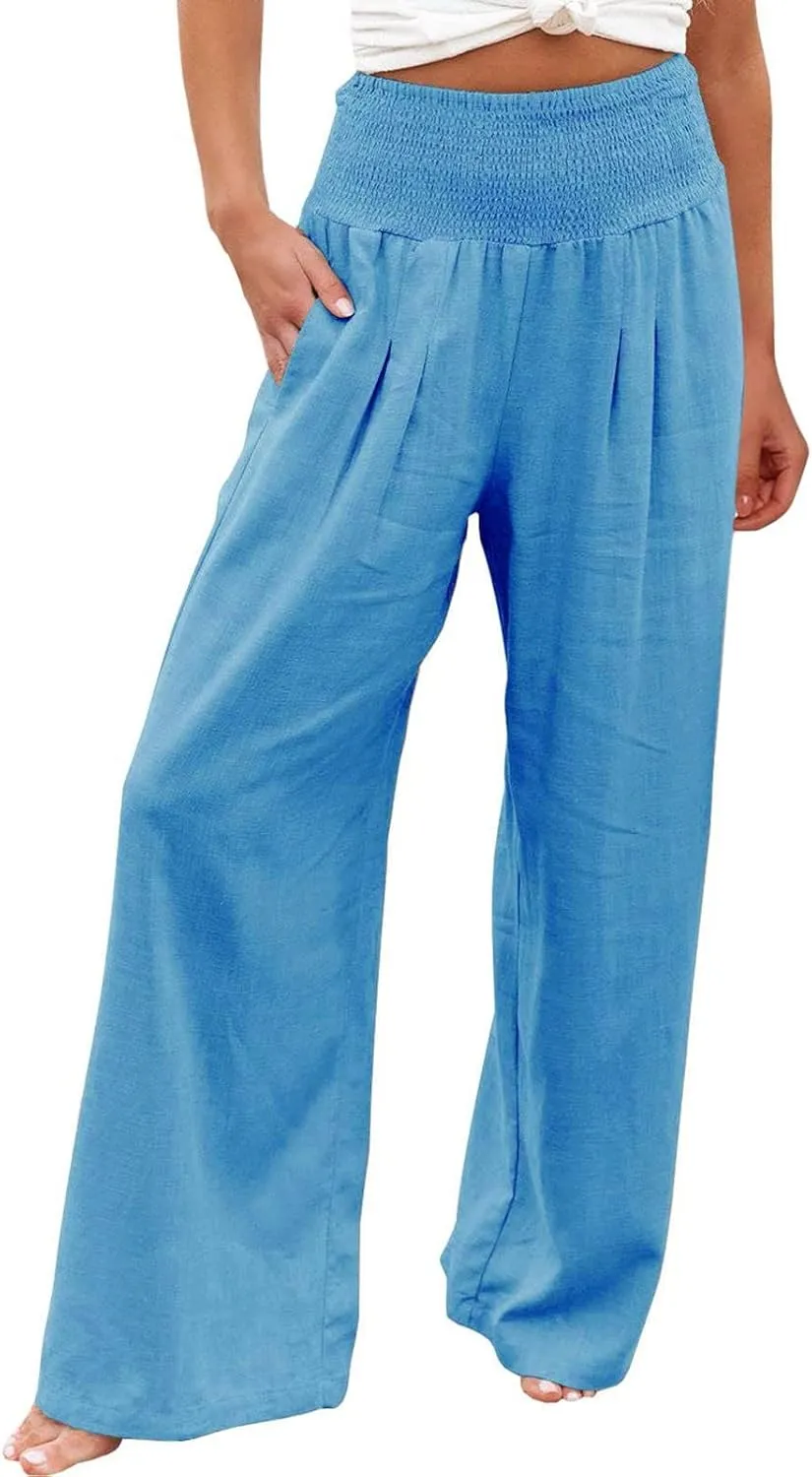 High Waisted Cotton Linen Pants for Women 2024 Summer Wide Leg Lounge Trousers Casual Loose Beach Yoga Pants with Pockets