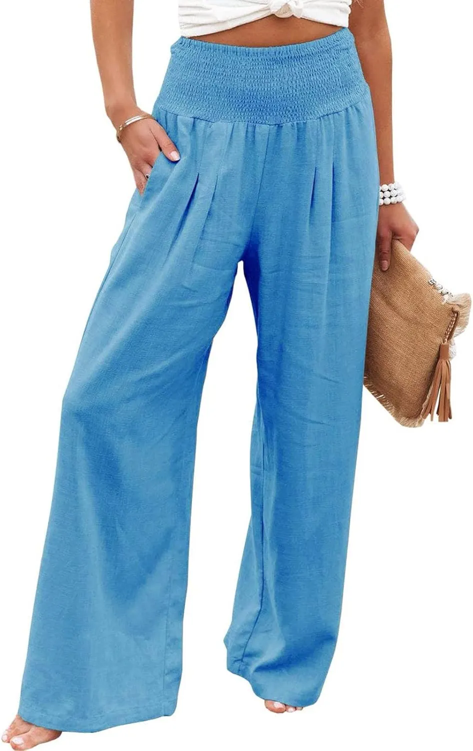 High Waisted Cotton Linen Pants for Women 2024 Summer Wide Leg Lounge Trousers Casual Loose Beach Yoga Pants with Pockets