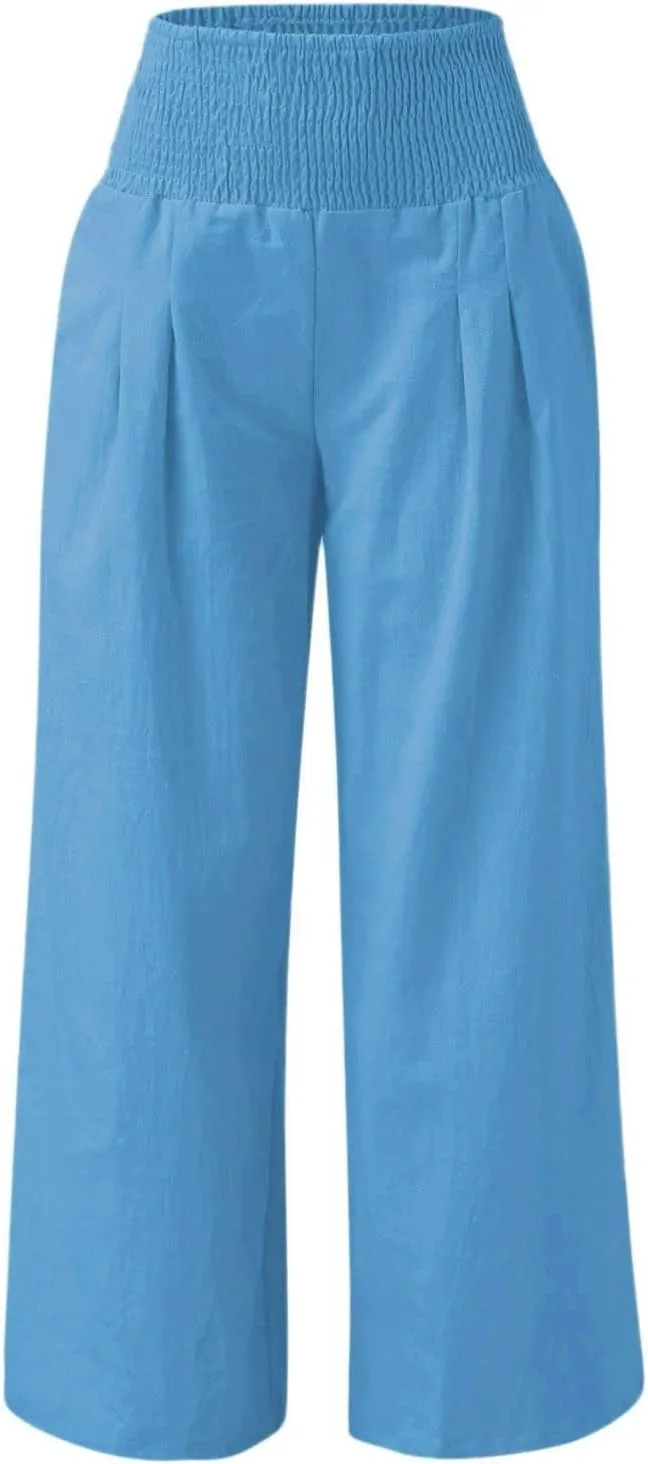 High Waisted Cotton Linen Pants for Women 2024 Summer Wide Leg Lounge Trousers Casual Loose Beach Yoga Pants with Pockets