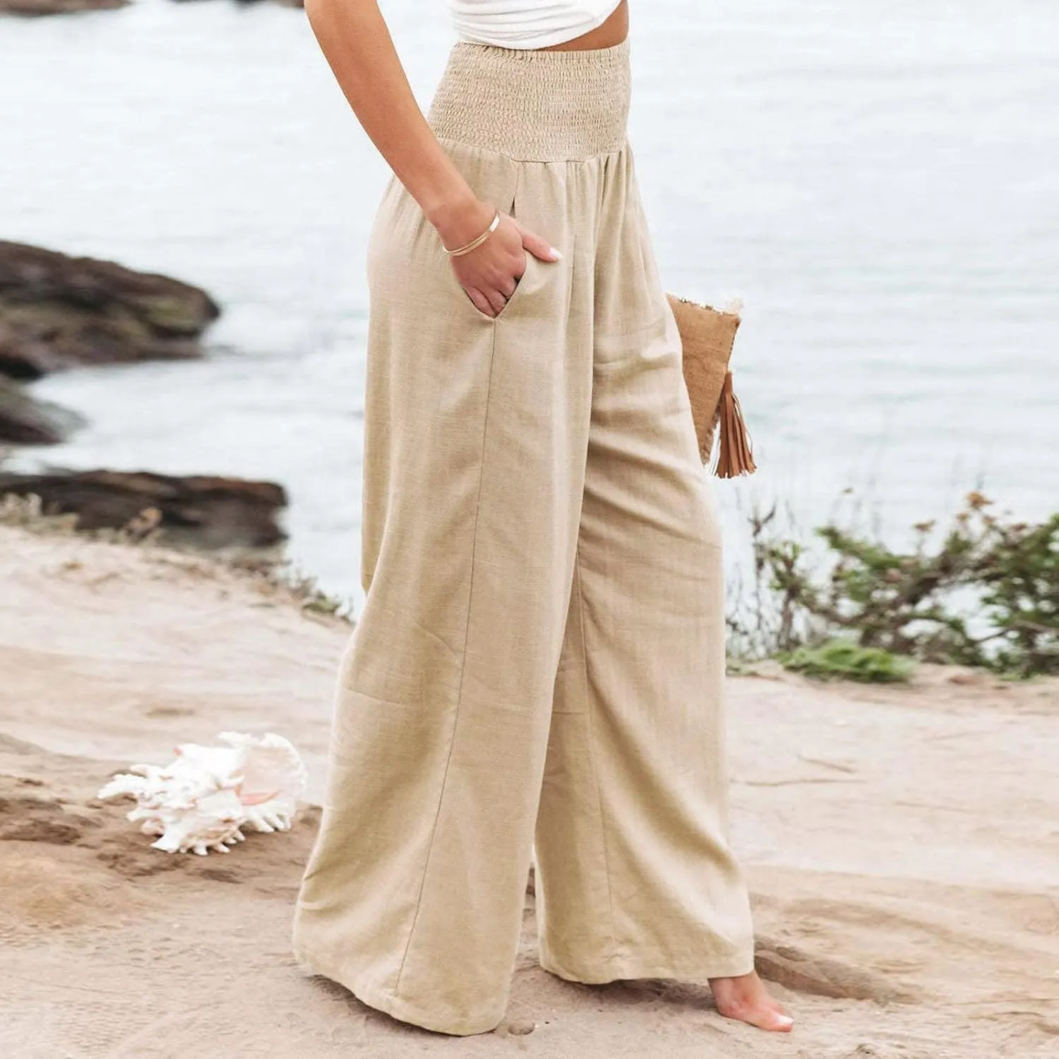 High Waisted Cotton Linen Pants for Women 2024 Summer Wide Leg Lounge Trousers Casual Loose Beach Yoga Pants with Pockets