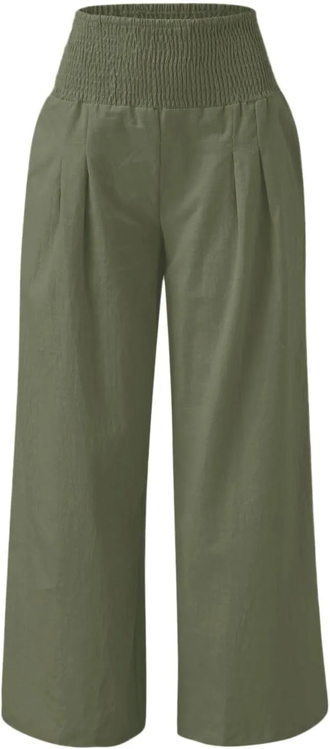 High Waisted Cotton Linen Pants for Women 2024 Summer Wide Leg Lounge Trousers Casual Loose Beach Yoga Pants with Pockets