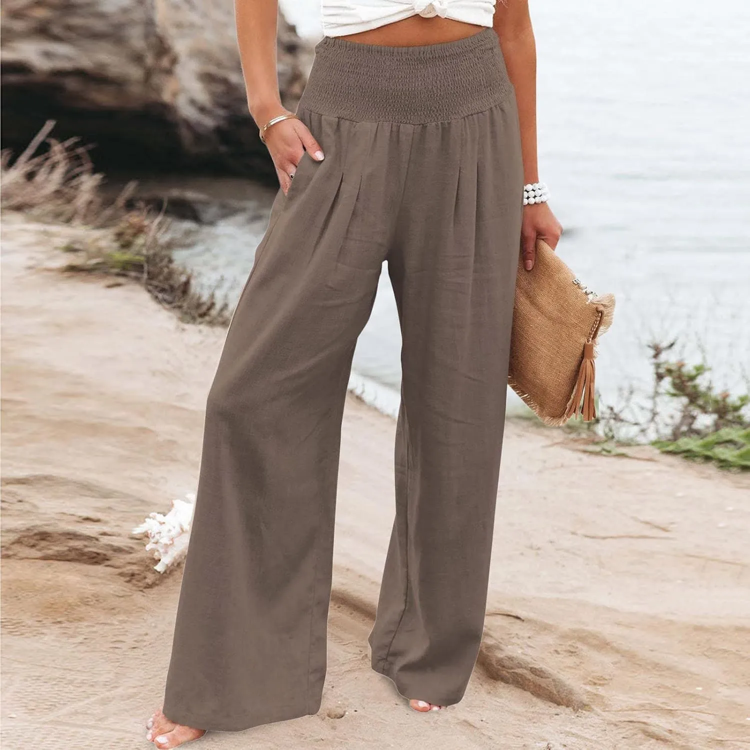 High Waisted Cotton Linen Pants for Women 2024 Summer Wide Leg Lounge Trousers Casual Loose Beach Yoga Pants with Pockets