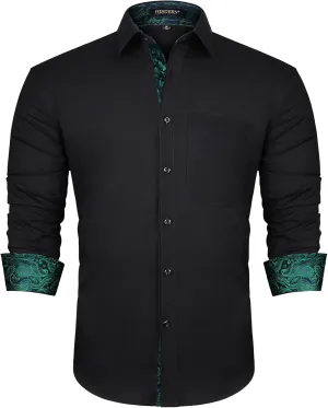 HISDERN Mens Business Dress Shirts Long Sleeve Casual Button Down Shirt Formal Inner Collar Contrast Shirt for Men Wedding