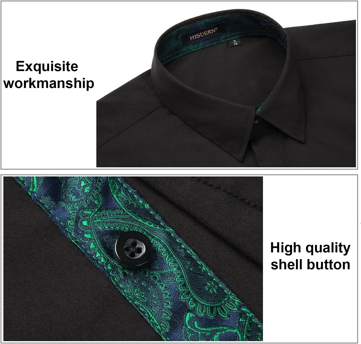 HISDERN Mens Business Dress Shirts Long Sleeve Casual Button Down Shirt Formal Inner Collar Contrast Shirt for Men Wedding
