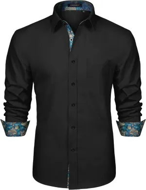HISDERN Mens Business Dress Shirts Long Sleeve Casual Button Down Shirt Formal Inner Collar Contrast Shirt for Men Wedding