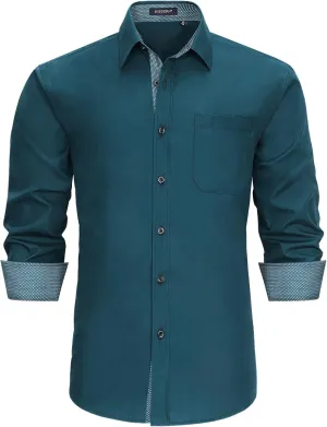 HISDERN Mens Business Dress Shirts Long Sleeve Casual Button Down Shirt Formal Inner Collar Contrast Shirt for Men Wedding