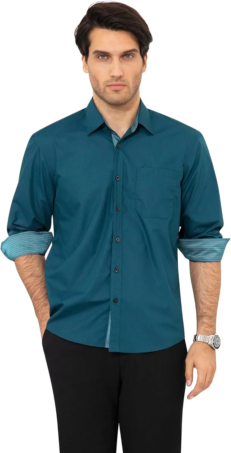 HISDERN Mens Business Dress Shirts Long Sleeve Casual Button Down Shirt Formal Inner Collar Contrast Shirt for Men Wedding