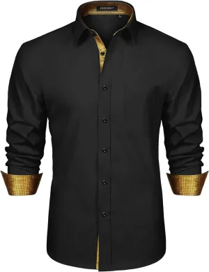 HISDERN Mens Business Dress Shirts Long Sleeve Casual Button Down Shirt Formal Inner Collar Contrast Shirt for Men Wedding