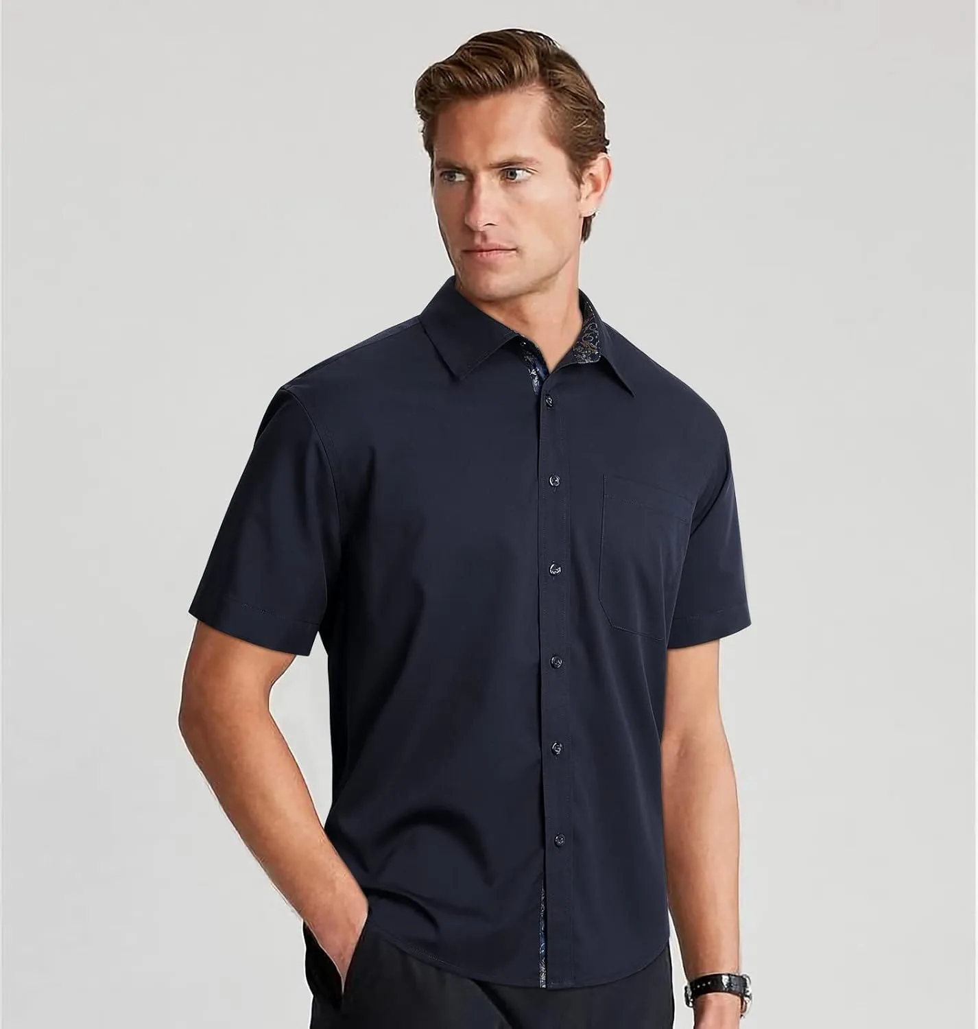 HISDERN Mens Dress Shirts Short Sleeve Regular Fit Casual Button Down Shirt Inner Contrast Business Formal Pocket Shirt