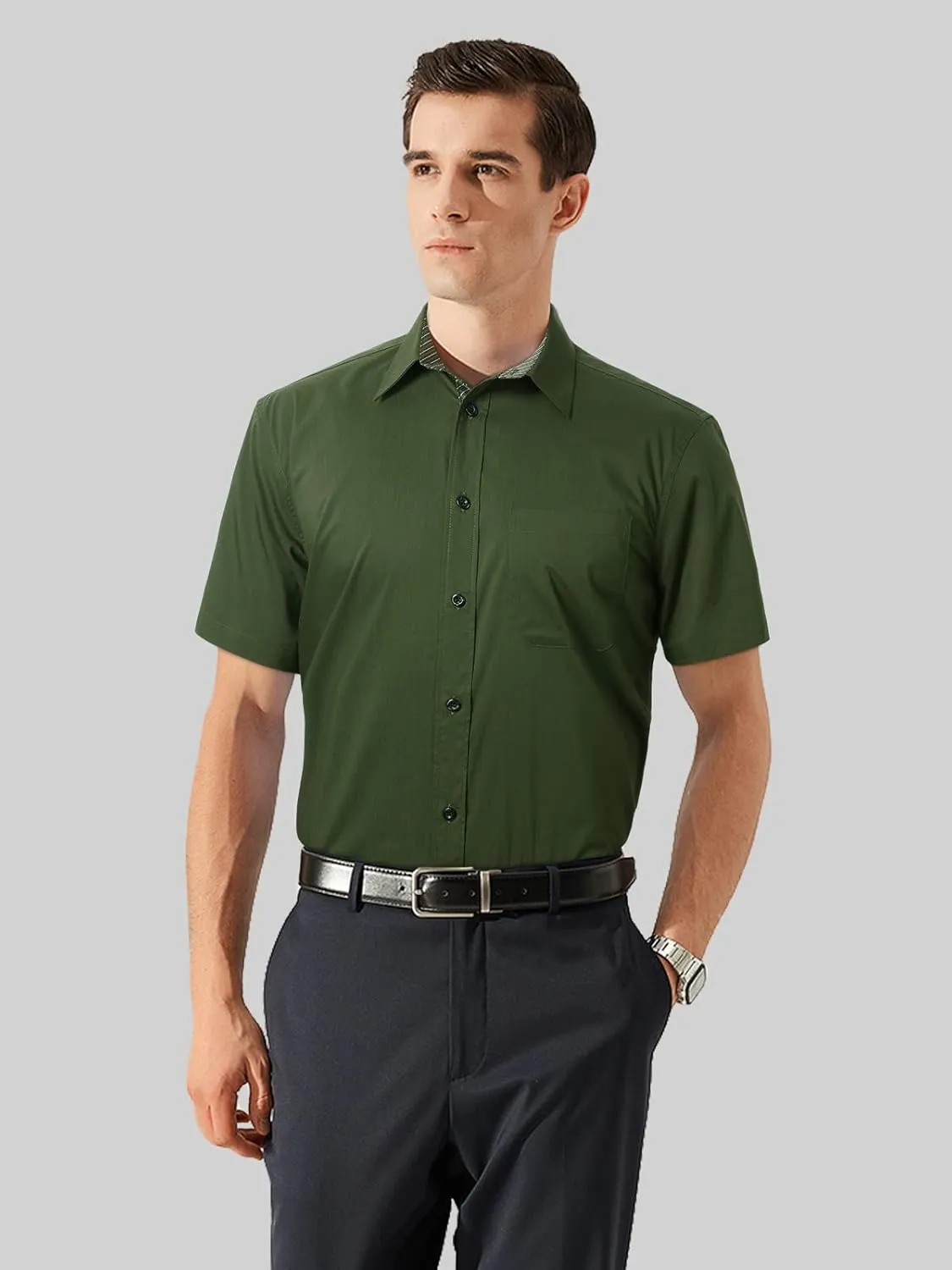 HISDERN Mens Dress Shirts Short Sleeve Regular Fit Casual Button Down Shirt Inner Contrast Business Formal Pocket Shirt