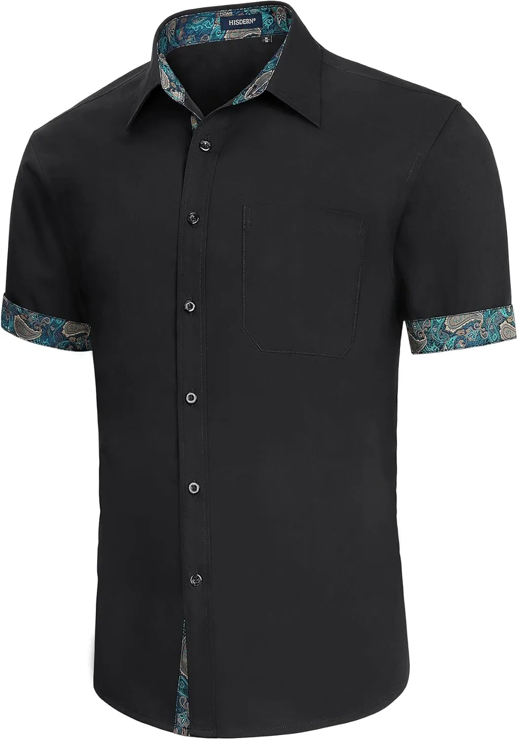 HISDERN Mens Dress Shirts Short Sleeve Regular Fit Casual Button Down Shirt Inner Contrast Business Formal Pocket Shirt