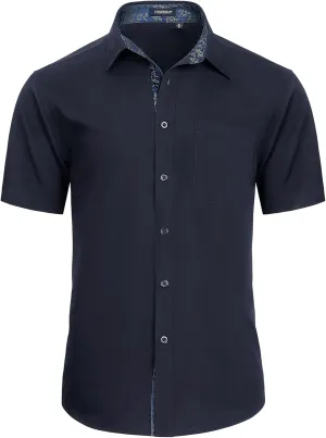 HISDERN Mens Dress Shirts Short Sleeve Regular Fit Casual Button Down Shirt Inner Contrast Business Formal Pocket Shirt