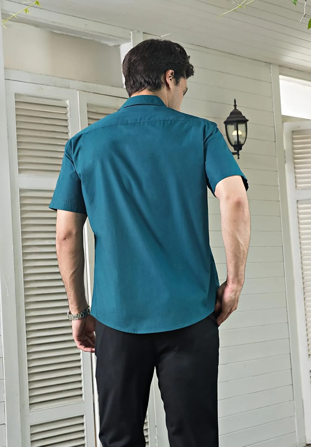HISDERN Mens Dress Shirts Short Sleeve Regular Fit Casual Button Down Shirt Inner Contrast Business Formal Pocket Shirt