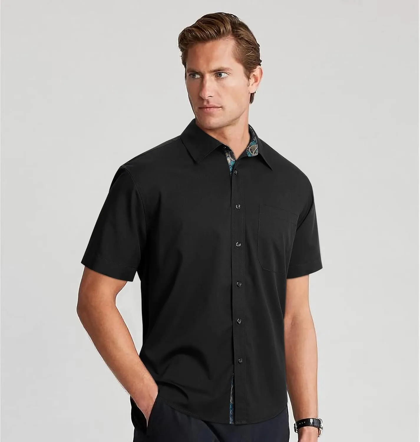 HISDERN Mens Dress Shirts Short Sleeve Regular Fit Casual Button Down Shirt Inner Contrast Business Formal Pocket Shirt