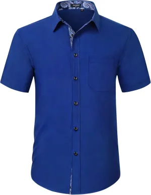 HISDERN Mens Dress Shirts Short Sleeve Regular Fit Casual Button Down Shirt Inner Contrast Business Formal Pocket Shirt