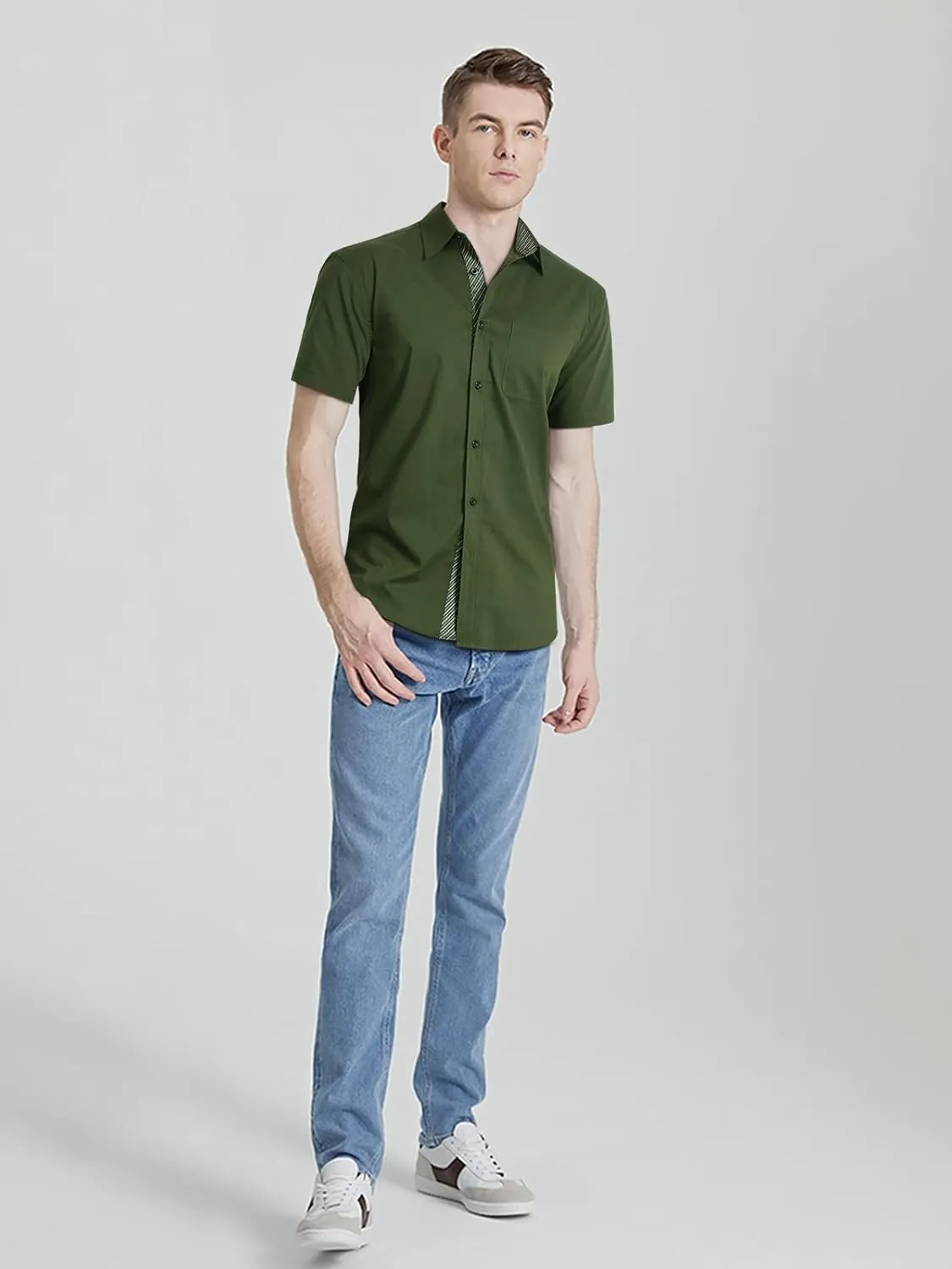 HISDERN Mens Dress Shirts Short Sleeve Regular Fit Casual Button Down Shirt Inner Contrast Business Formal Pocket Shirt