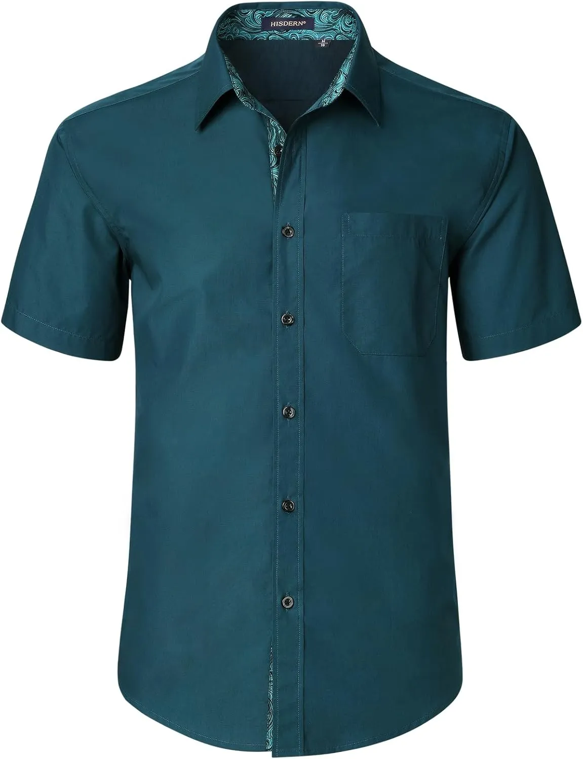 HISDERN Mens Dress Shirts Short Sleeve Regular Fit Casual Button Down Shirt Inner Contrast Business Formal Pocket Shirt