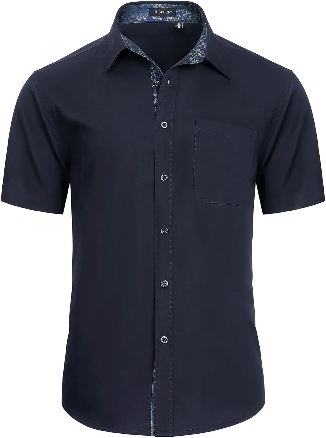 HISDERN Mens Dress Shirts Short Sleeve Regular Fit Casual Button Down Shirt Inner Contrast Business Formal Pocket Shirt