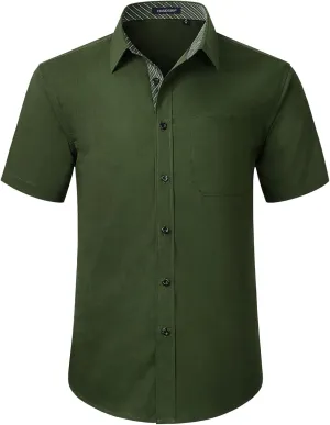 HISDERN Mens Dress Shirts Short Sleeve Regular Fit Casual Button Down Shirt Inner Contrast Business Formal Pocket Shirt