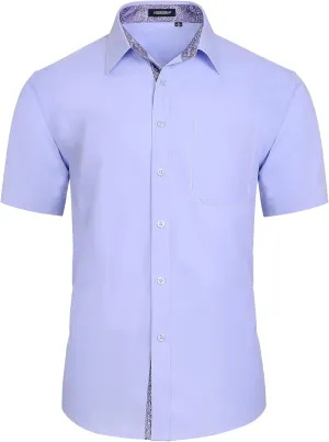 HISDERN Mens Dress Shirts Short Sleeve Regular Fit Casual Button Down Shirt Inner Contrast Business Formal Pocket Shirt