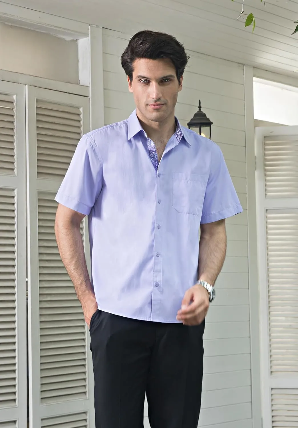 HISDERN Mens Dress Shirts Short Sleeve Regular Fit Casual Button Down Shirt Inner Contrast Business Formal Pocket Shirt