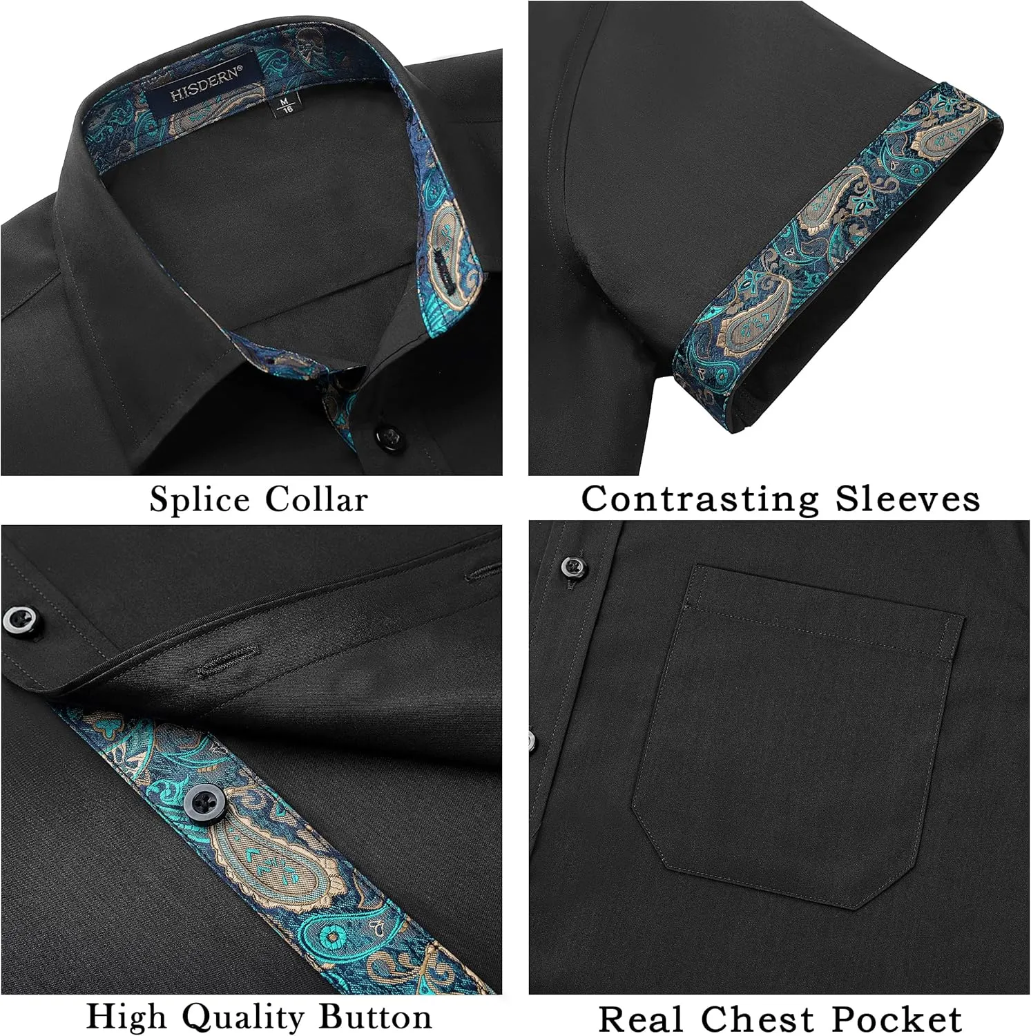 HISDERN Mens Dress Shirts Short Sleeve Regular Fit Casual Button Down Shirt Inner Contrast Business Formal Pocket Shirt
